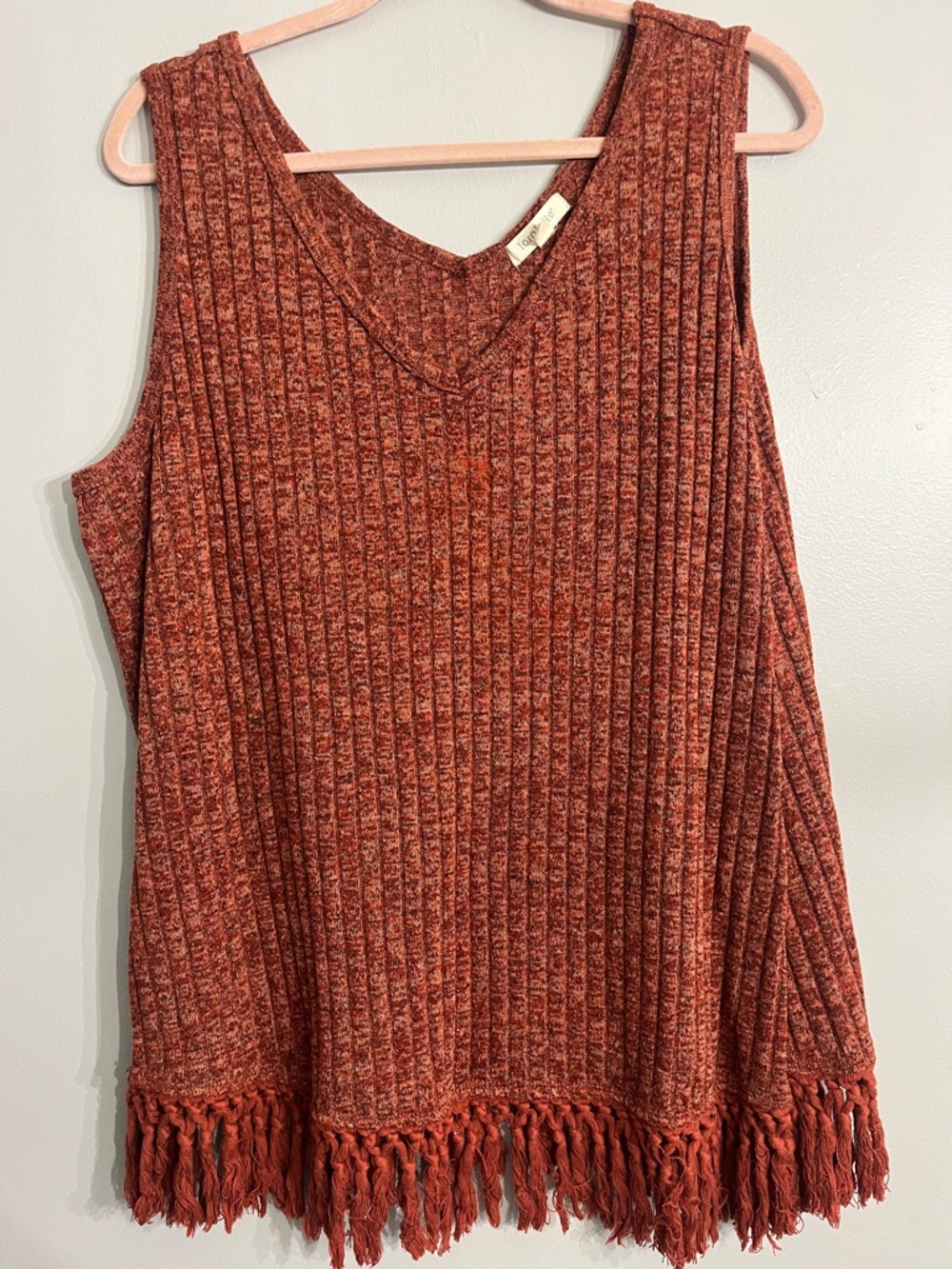 loralette Rust Ribbed V-Neck Tank with Fringe Hem